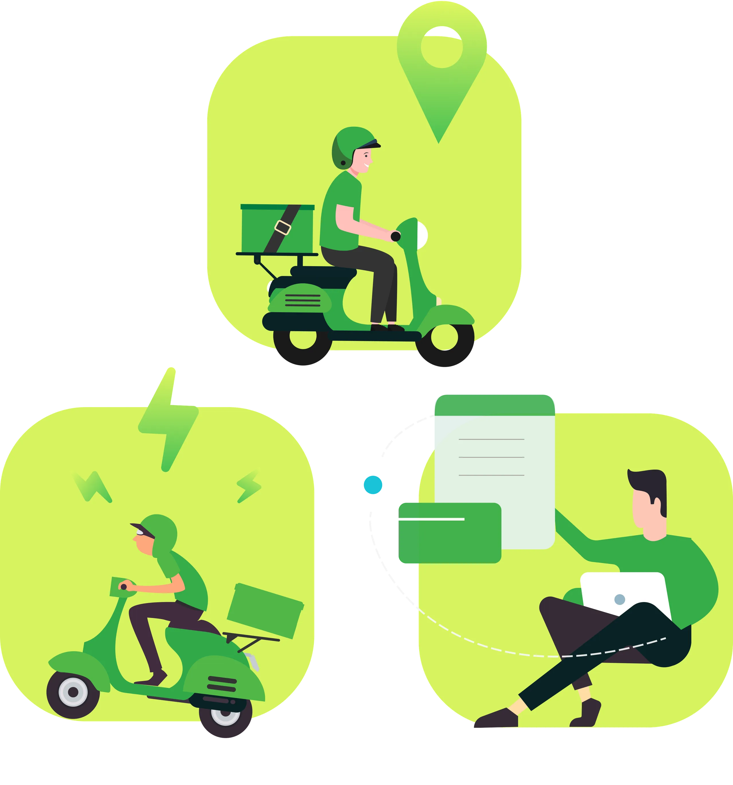 Delivery app illustrations: trackable delivery, speed delivery, sign up now